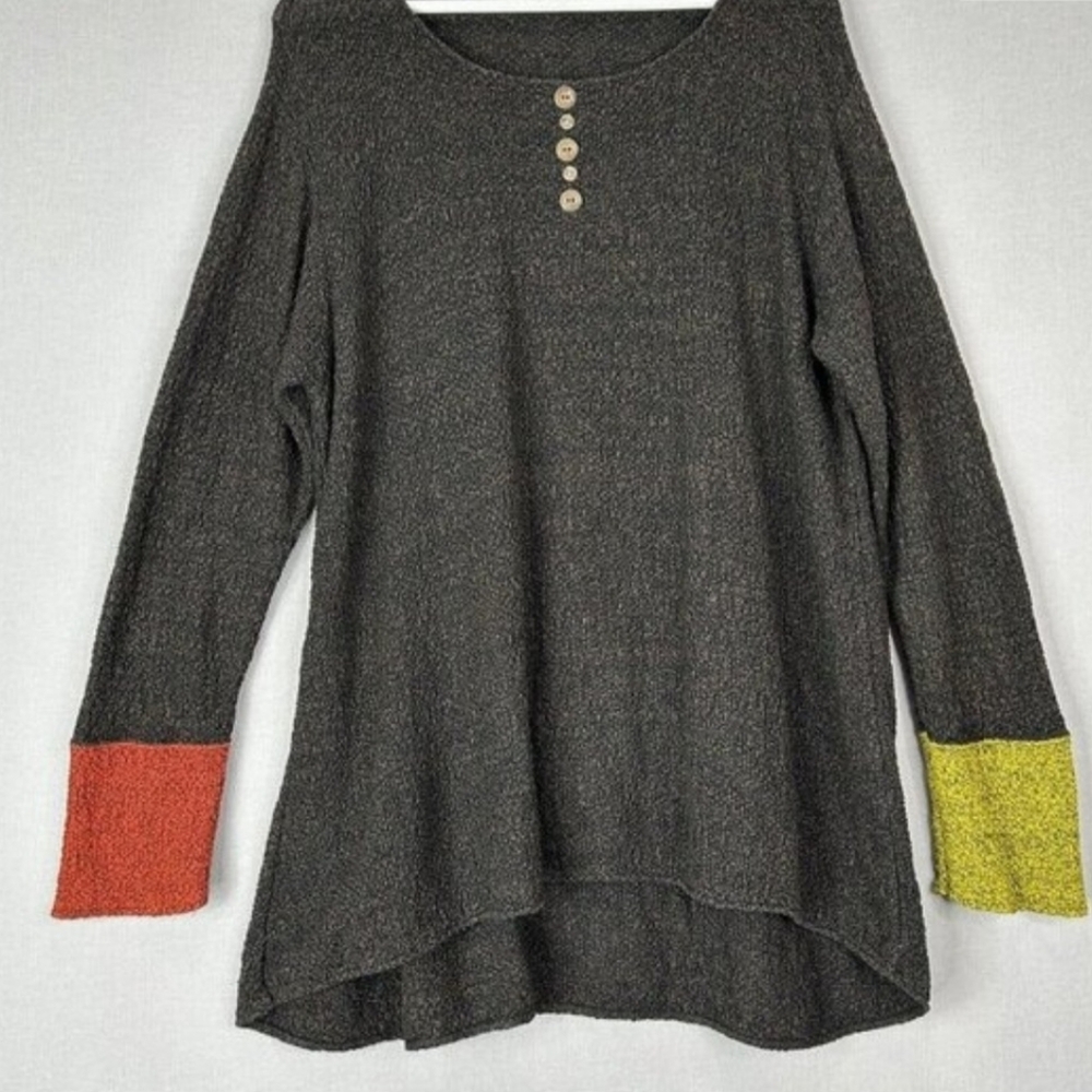 Margaret Winters Womens Sweater Extra Large Brown Textured Knit Henley Lagenlook
